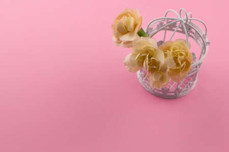 vintage decorative cage with flowers pink background