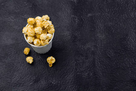 top view pop corn on a black backgroundの写真素材