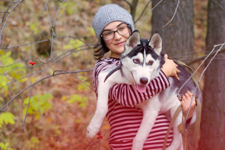 Beautiful young woman  with husky dog sitting on her hands in the parkの写真素材
