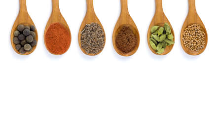 top view set of spices flat lay frame  isolated on white