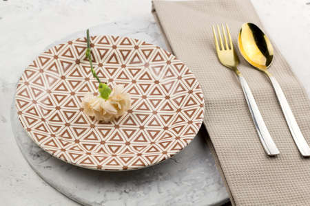top view table setting with fresh flowerの写真素材