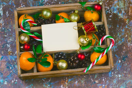 top view vintage christmas box with decorations
