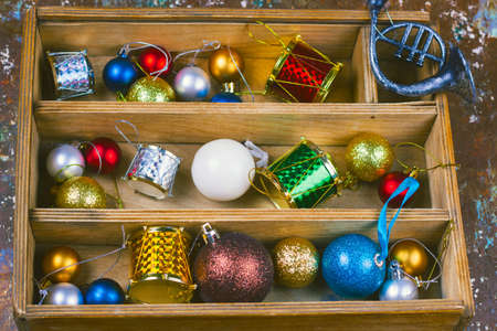 top view vintage wooden box with christmas decorationsの写真素材