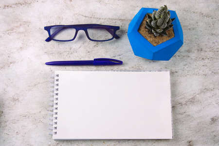 top view succulent in concrete pot , white sheet of paper, pencil and glasses on a marble backgroundの写真素材