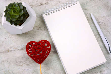 top view succulent in a concrete pot, red heart and open notebook with blank white sheet
