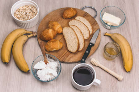 top view flat lay healthy food for breakfast on a wooden table