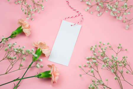 top view  floral  frame with mock up empty label pink background