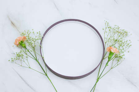 top view empty plate and gypsophila and carnation  flowers frame on a marble background copy space