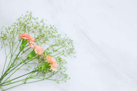 Gypsophila and carnation  flowers frametop view on a marble background copy spaceの写真素材