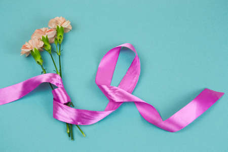 carnation flowers with pink satin ribbon flat lay on a blue backgroundの写真素材
