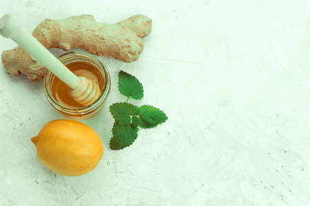 top view ginger,lemon,honey