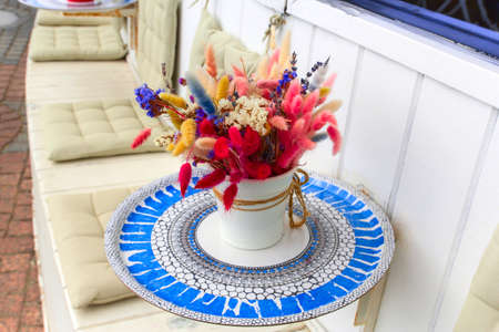 close up bouquet of flowers, wedding decor of summer beach weddingの写真素材