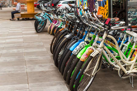 Saint Petersburg, Russia, 26 June 2019 -a lot of parked bicycles in a bicycle shopのeditorial素材