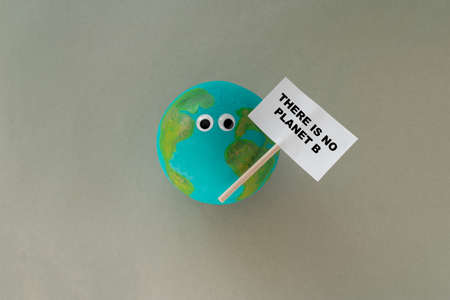 a small handmade model of planet earth with googly eyes holds a sign that says there is no planet bの写真素材