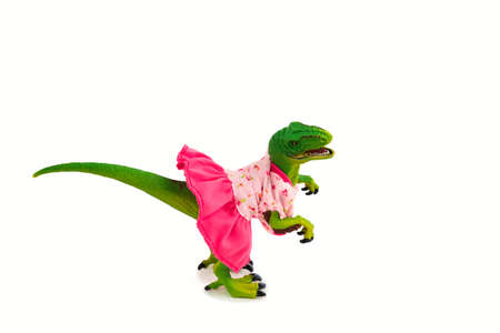 cute dinosaur wearing pink dress isolated on whiteの写真素材