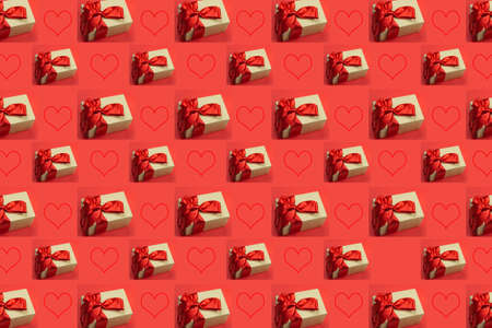 gift box with festive red bow pattern with red hearts on a red background