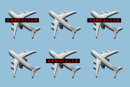 top view airplane on a blue background copy spaceの写真素材