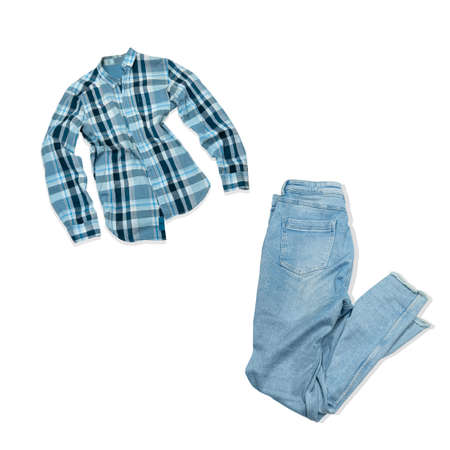fashion collage blue jeans and plaid blue shirt isolated on white background, unisex fashion look on whiteの写真素材