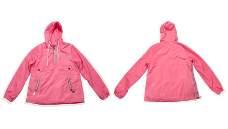 pink fashionable raincoat isolated on a white background, front and back blank jacket mock upの写真素材