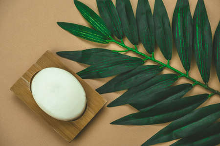 top view flat lay blank white soap mock up with pal leaf beige backgroundの写真素材