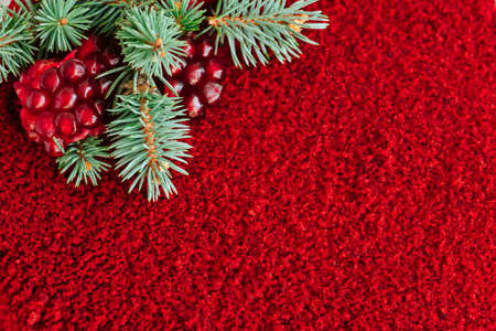 close up texture of red velvet cake decorated with evergreen tree branches and pomegranate seedsの写真素材