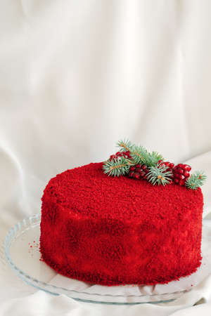 red velvet cake on a table with textile clothの写真素材