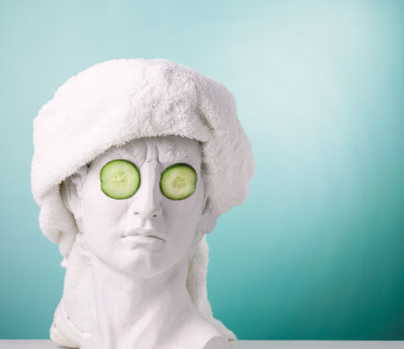 Plaster statue head blue background wearing white towel and cucumber face mask. Beauty care concept.の写真素材