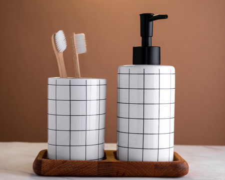 Liquid soap dispenser and glass with toothbrushes on wooden tray on marble table against brown wall. Composition of toiletries.の写真素材