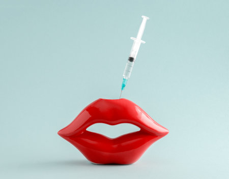 Red lips and syringe on blue background. Cosmetic procedures, lip augmentation concept.の写真素材