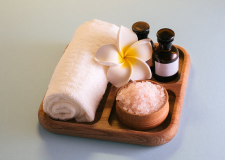 Spa set on wooden tray. Self care, wellbeing concept.の写真素材
