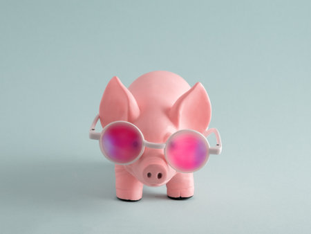 Cute pig toy in pink glasses on blue background. Minimal art poster.の写真素材