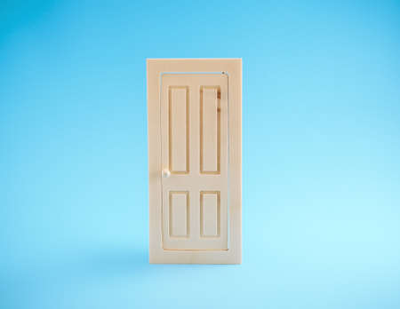 Closed wooden door on blue background. Minimal art poster.の写真素材