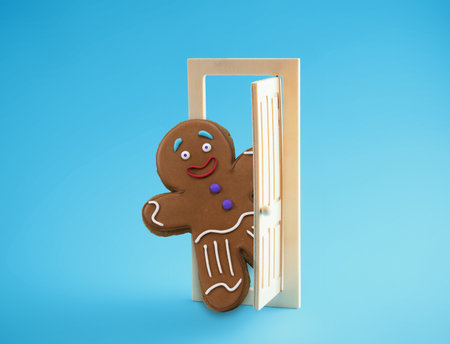 Cute ginger man looks out of wooden door on blue background. Christmas minimal art card.の写真素材