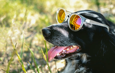 Cute happy spaniel with his tongue hanging out wearing sunglasses is lying on green grass. Summer postcard with pet.の写真素材
