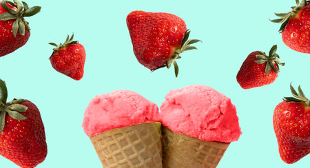 Strawberry ice cream with levitating berries over blue background.の写真素材