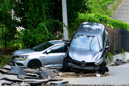July 24, 2022, Sochi, Russia - destroyed cars after tropical rain and mudslides.のeditorial素材
