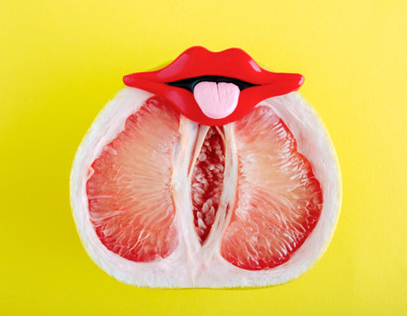 Fresh grapefruit with red lips mouth and tongue on yellow background. creative art minimal poster. sex concept.の写真素材