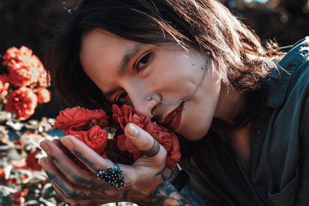 Close up face portrait of beautiful young woman with nose piercing decorated with metal chain.の写真素材