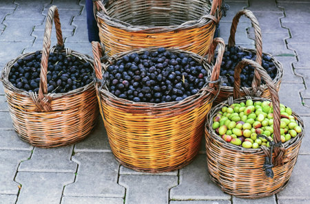 Wicker baskets full of green and black olives standing outdoor on paving stones. Street food market in Turkey.の写真素材