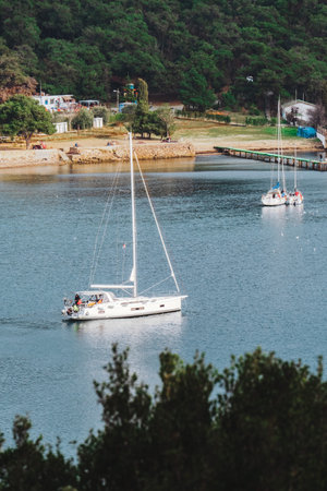 Scenic view of yachts and coastline on Heybeliada Island, Istanbul, Turkey. Sunny day on marina.の写真素材
