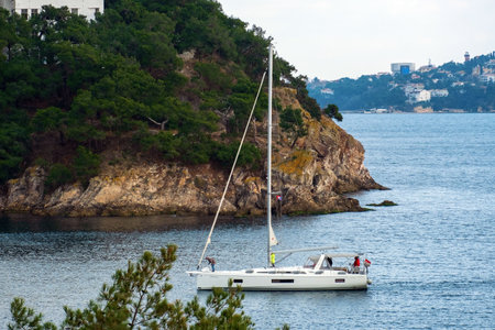 Scenic view of yachts and coastline on Heybeliada Island, Istanbul, Turkey. Sunny day on marina.