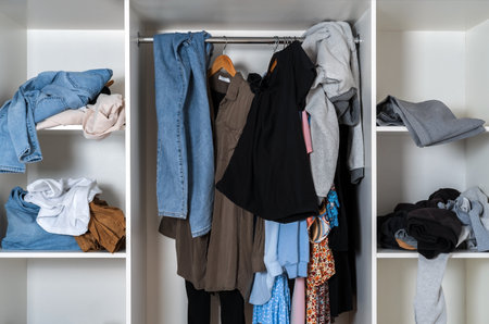 Messy dressing room shelves with stack of clothes.の写真素材