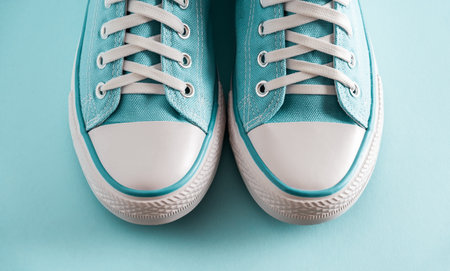 Close-up of blue classic vintage sneakers on a blue background.の写真素材