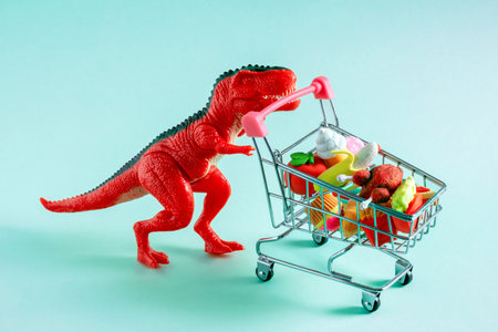 Red dinosaur with shopping cart full of food on blue background. Food shopping concept.の写真素材