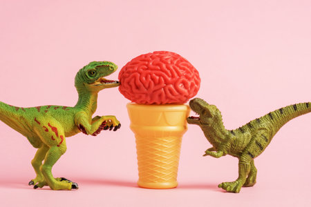 Funny green dinosaurs eating ice cream in shape of human brains on waffle cone on pink background.の写真素材