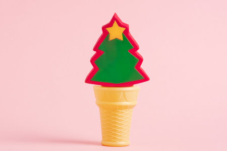 Minimal art poster for winter holidays. Waffle cone with ice cream in shape of fir tree on pastel pink background.の写真素材