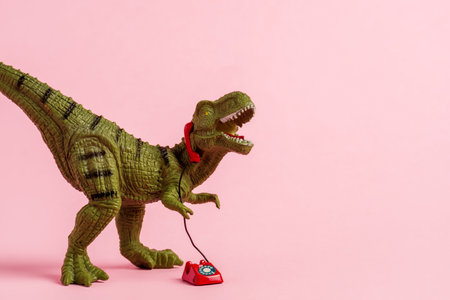 Cute green toy dinosaur speaking on retro phone on pink background. copyspace.の写真素材