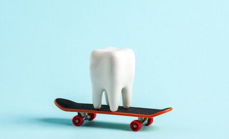 White human tooth model riding on skate on blue background.の写真素材