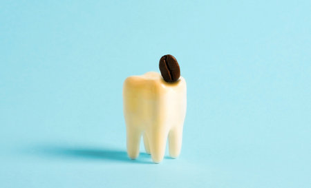 Coffee bean breaks yellow human tooth. Minimal art poster of dental problems dental advertising.の写真素材