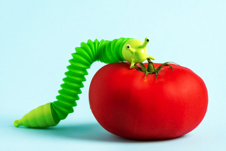 Large green plastic worm toy on ripe red tomato. Pests on plants concept.の写真素材
